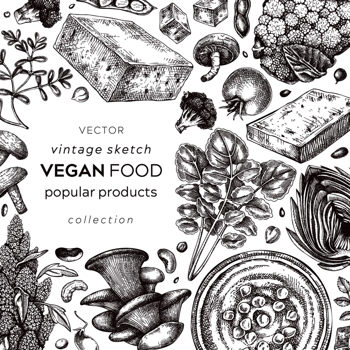 Vegan food sketched card. Healthy food banner template. Middle eastern cuisine frame. Hand-drawn vegan meals and ingredients for menu, recipe, and packaging design. Vegan food sketches 